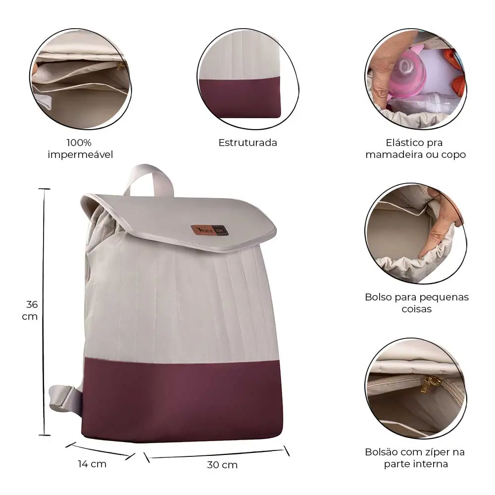 Kit Bolsa Mala e Mochila Maternidade Coleção Cores - Creme e Marsala - Miniatura 12