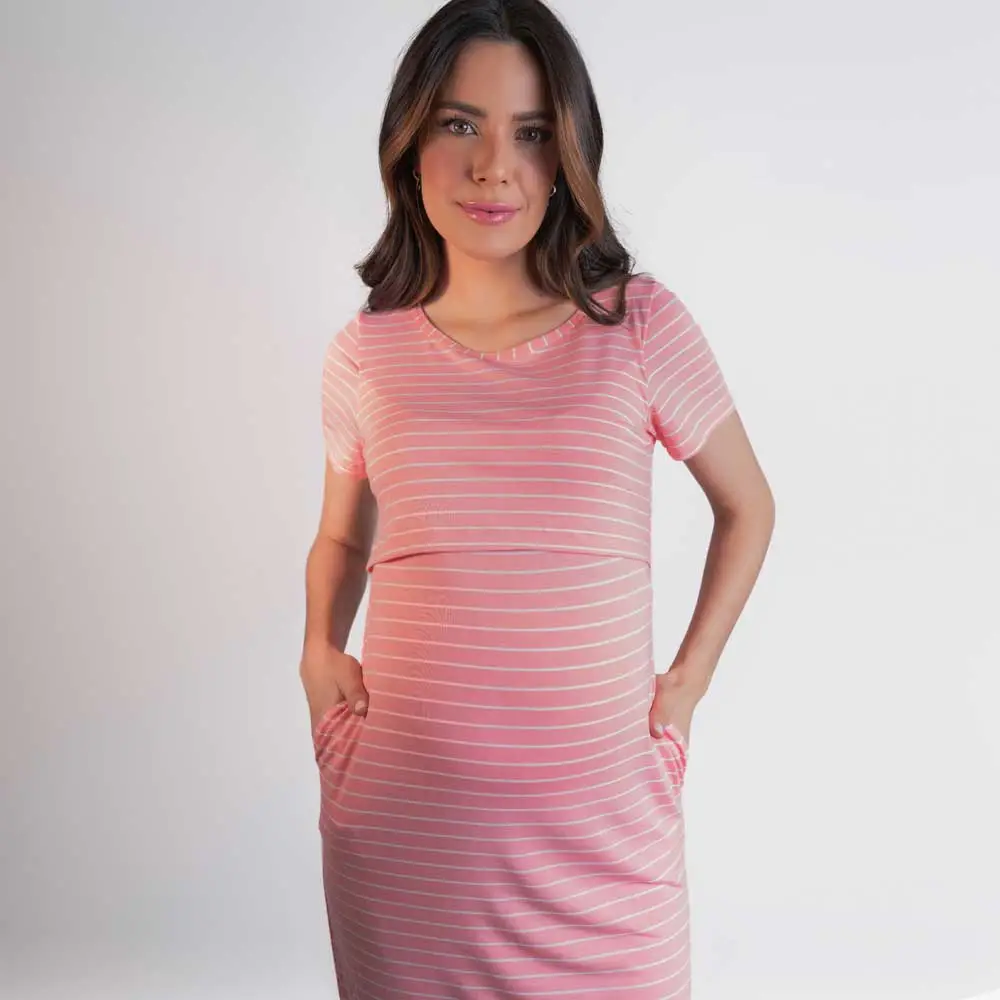 Vestido de Amamentação e Maternidade – Midi Viscolycra Listras Rosa - Miniatura 2