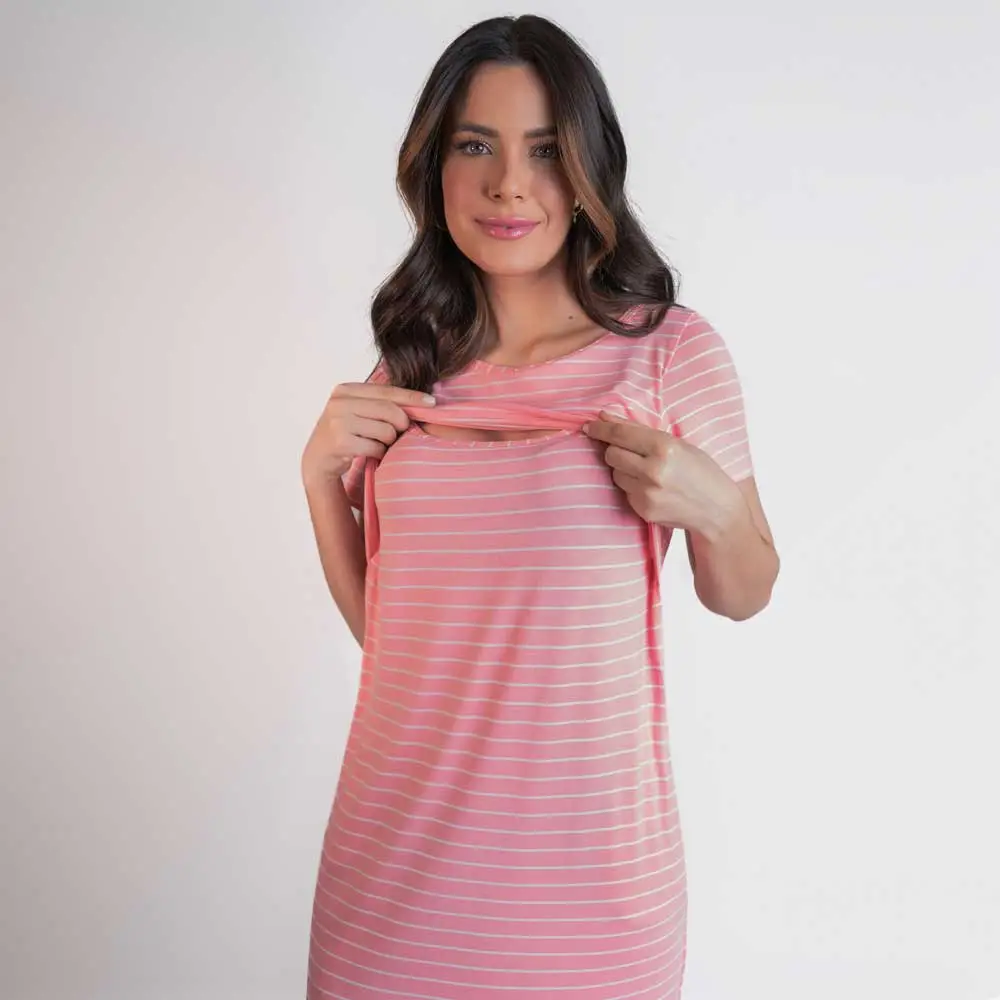 Vestido de Amamentação e Maternidade – Midi Viscolycra Listras Rosa - Miniatura 4