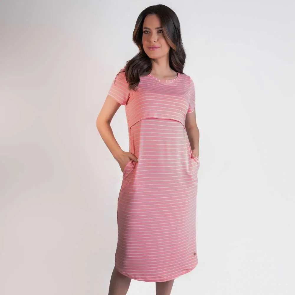 Vestido de Amamentação e Maternidade – Midi Viscolycra Listras Rosa - Miniatura 5