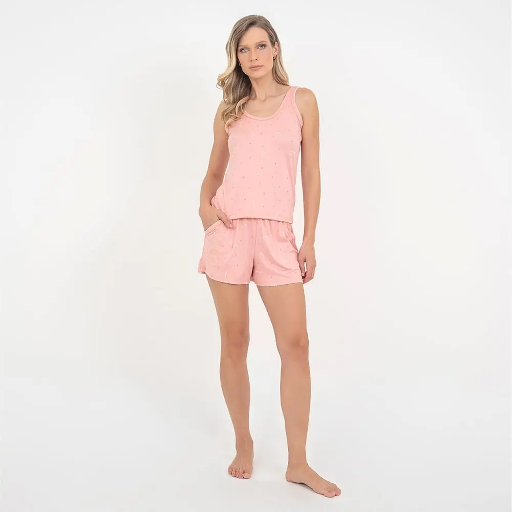 Pijama Curto Regata Coração  Rose - Miniatura 1