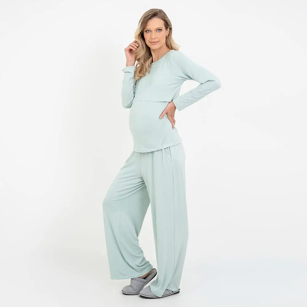 Pijama Longo Maternidade Pistache - Foto 1