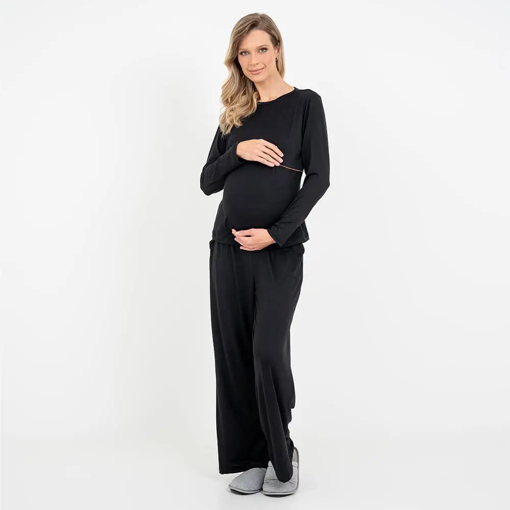 Pijama Longo Maternidade Preto - Foto 1